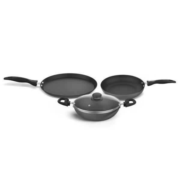 Preethi Daily Collection Non Stick Set, 28 cm Tawa, 24 cm Fry Pan, Kadai 24 cm, with Glass Lid, 5 Star Non Stick Effect, Grey - Sealed Pack